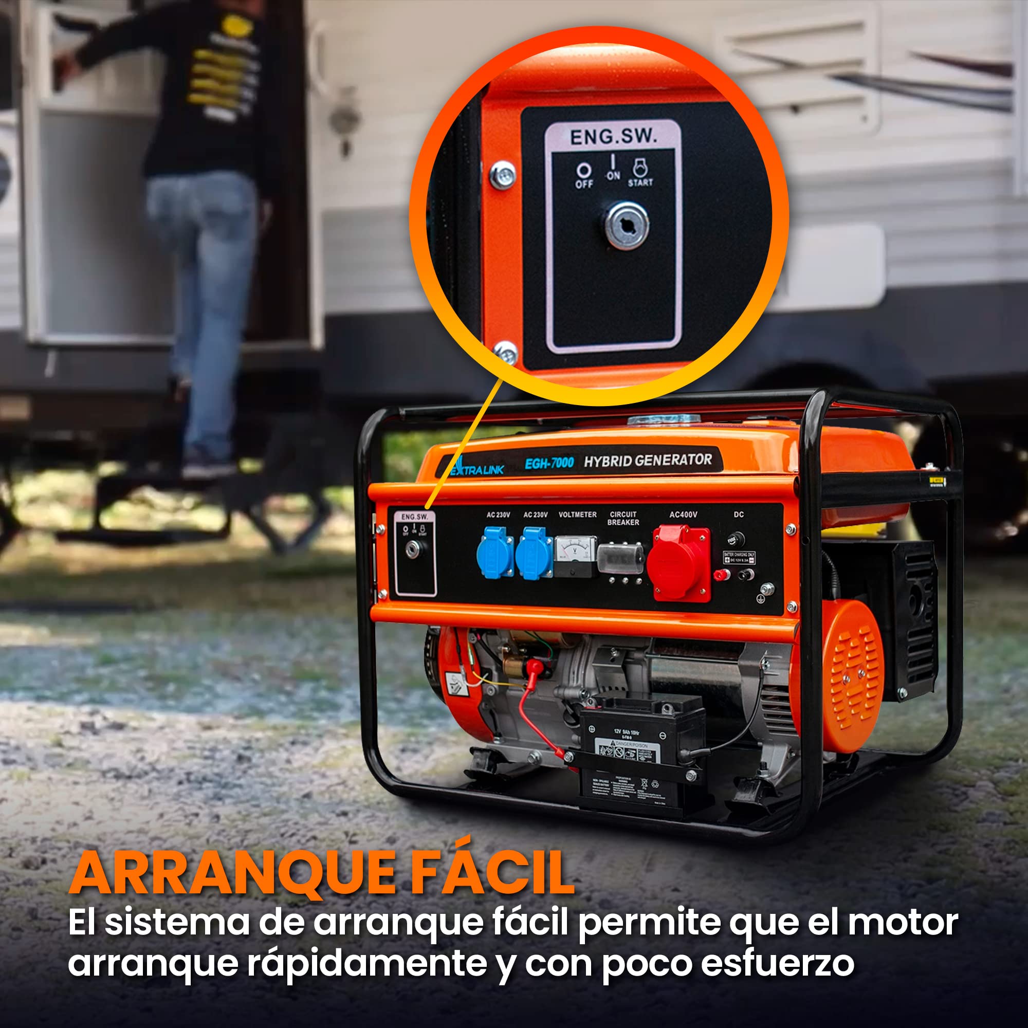 Grupo Electrógeno Híbrido, 7kW 3F, Potencia máx. 7500W, Capacidad del depósito 25L, funcionamiento hasta 11 horas, Protección contra averías/sobrecargas, Generador electrico gasolina/generador a gas