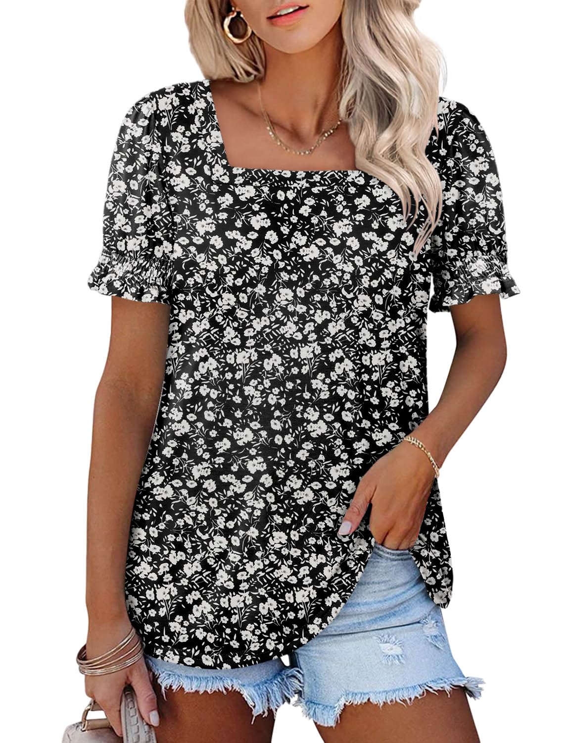 CRAZY GRID Womens Trendy Summer Tops Puff Sleeve Loose Fit Shirts Dressy Casual Blouses