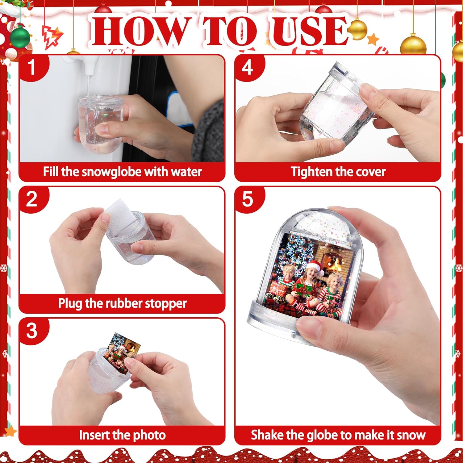 Barydat 12 Pcs Christmas Photo Snow Globe Christmas Color Snow Globe Kits Plastic Picture Activities Decoration DIY Festive Winter Holiday Craft Ornament (Clear)
