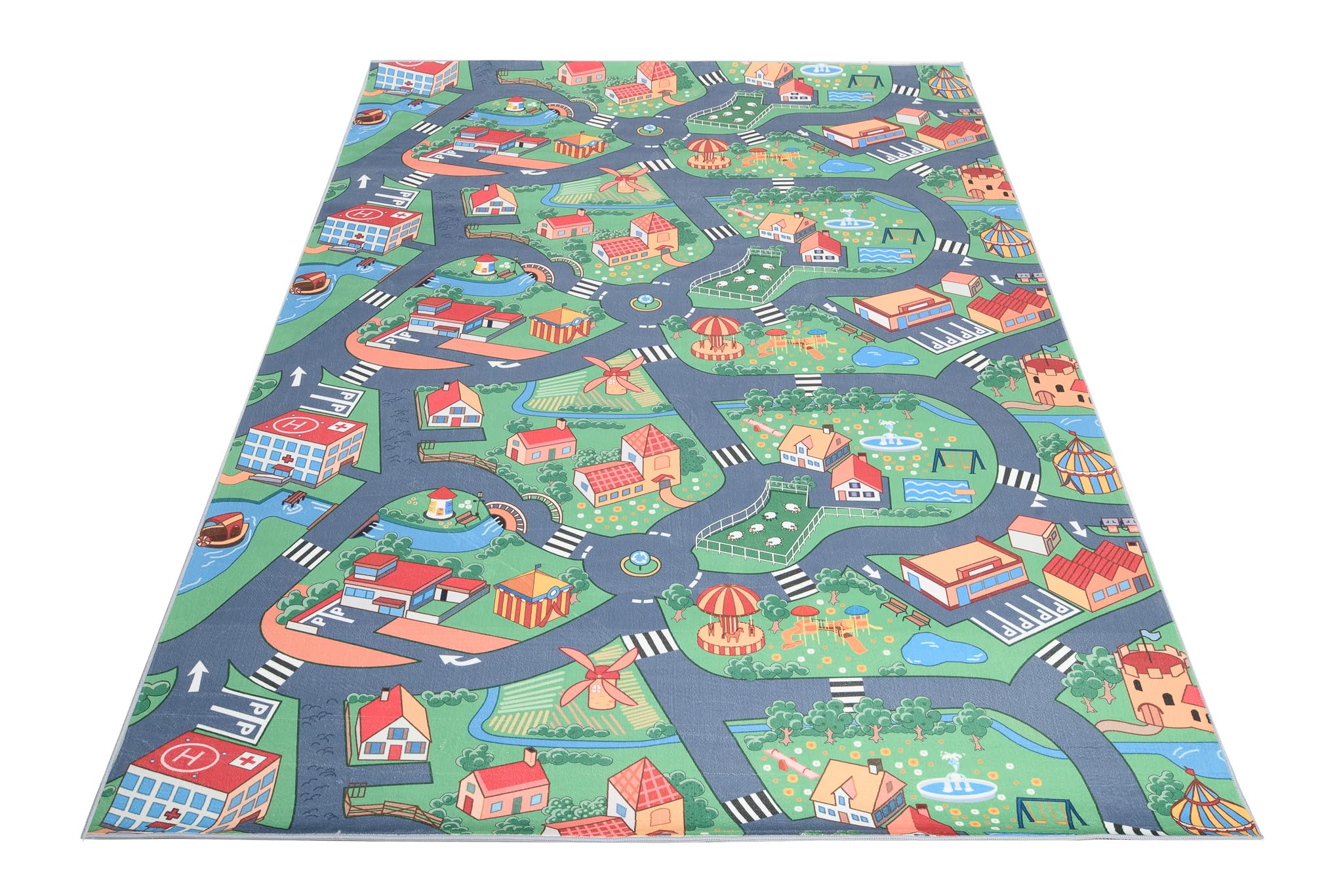 TAPISO Flannel Tapis Chambre Enfant Bébé Fille Garçon Antidérapant Lavable Vert Gris Bleu Rouge Tapis de Jeux Voiture Circuit Route Ville Poils Ras Oeko-TEX Résistant 120 x 170 cm