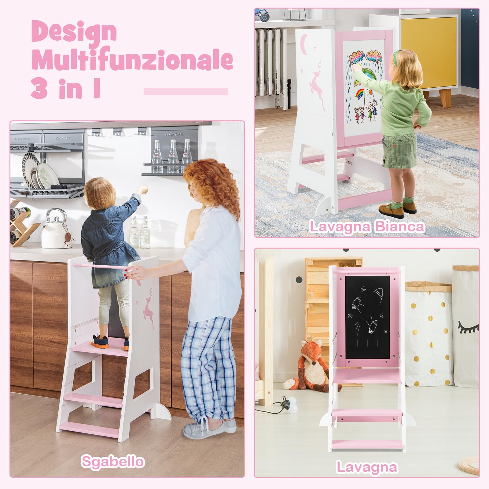 RELAX4LIFE Torre Montessoriana 3 in 1 per Bambini, Torre di Apprendimento Altezza Regolabile con Lavagna Bifacciale e Piedini Antiribaltamento, Rosa