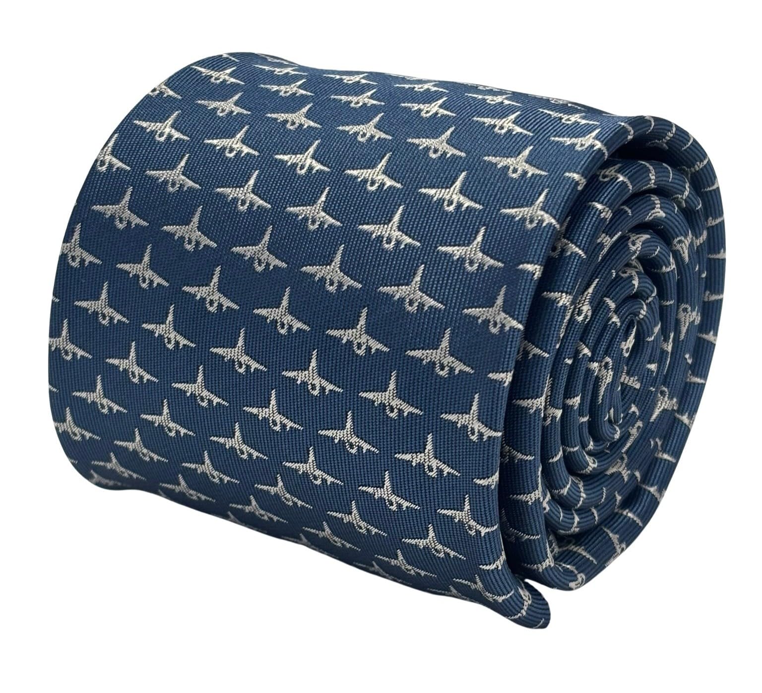 Frederick Thomas Medium Denim Blue British Design Necktie, F16 Fighter Airplane Pattern, 8Cm Width, Luxury Formal Wear