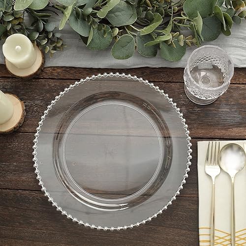 TABLECLOTHSFACTORY - Paquete de 10 platos llanos de plástico con borde de cuentas transparentes y plateadas de 10 pulgadas, platos redondos