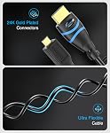 BlueRigger Micro HDMI à HDMI Câble (15FT, 4K@60Hz HDR, Hommes à hommes, 3D, 18Gbps Cord, ARC) - Compatible avec GoPro Hero 7/6, Raspberry Pi 4/5, Sony A6300 Caméra/Poche de retroid 3+, Nikon B500