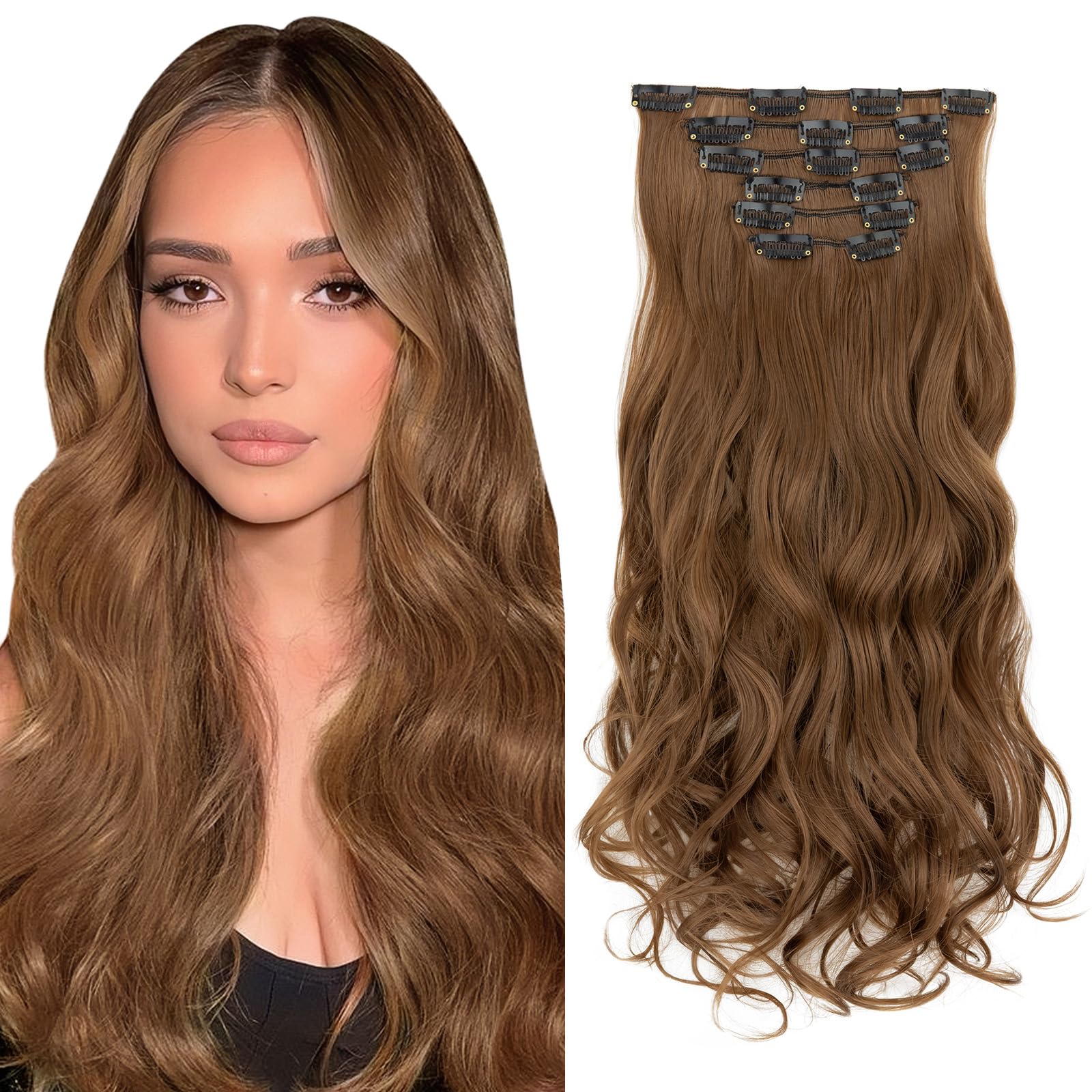 TESS Curly Hair Extensions Clip in 22 Inch 6PCS 16 Clips Heat Resistant Synthetic Wig Tangle-Free Double Weft Hair Pieces for Women UK 150g #06 Light Brown