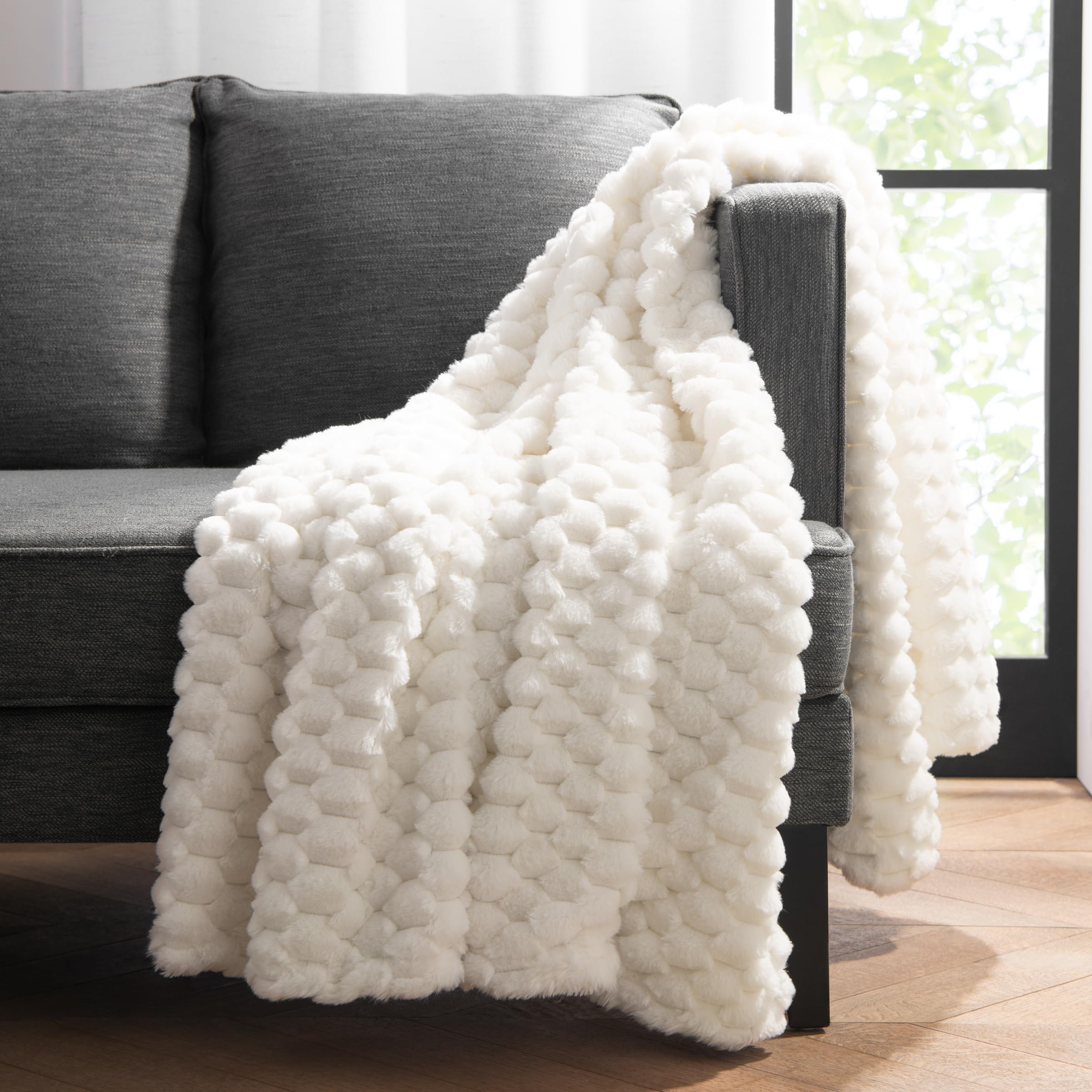 Aston & Arden Luxury Faux Fur Blanket - Ultra Soft, Plush & Fluffy Rabbit Tail Throw in Giftable Box, Real Furry Texture, All Season Decorative for Sofa, Couch, and Bed, 50x70, Cottontail Ivory