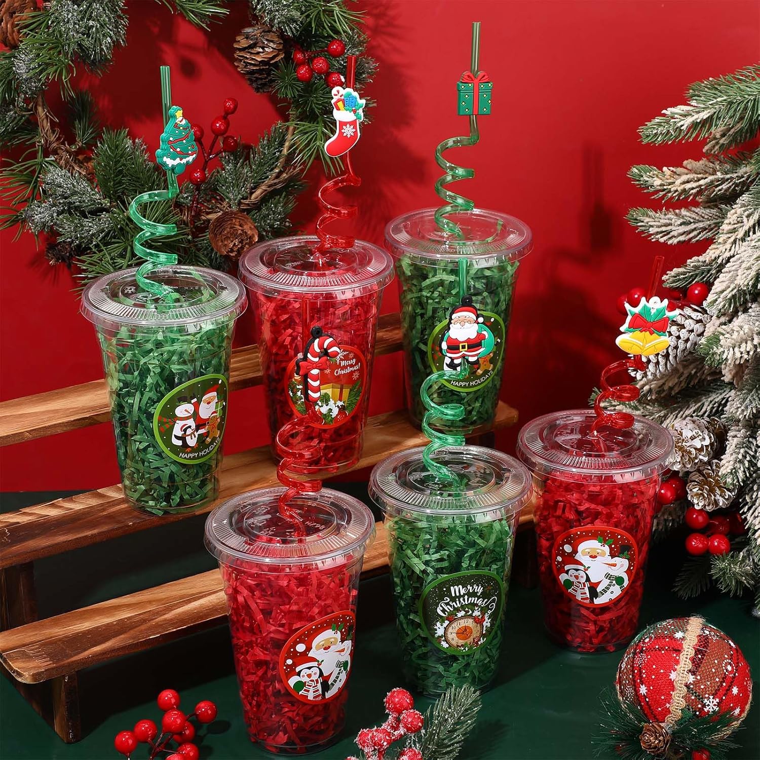 Vesici 124 Pcs Christmas Plastic Cups Bulk with Lids Straws Stickers Raffia Snowman Santa Claus Plastic Cups Xmas Disposable Clear Mugs Party Favor Holiday Birthday Wedding Party Supplies, 24 Sets - Image 6