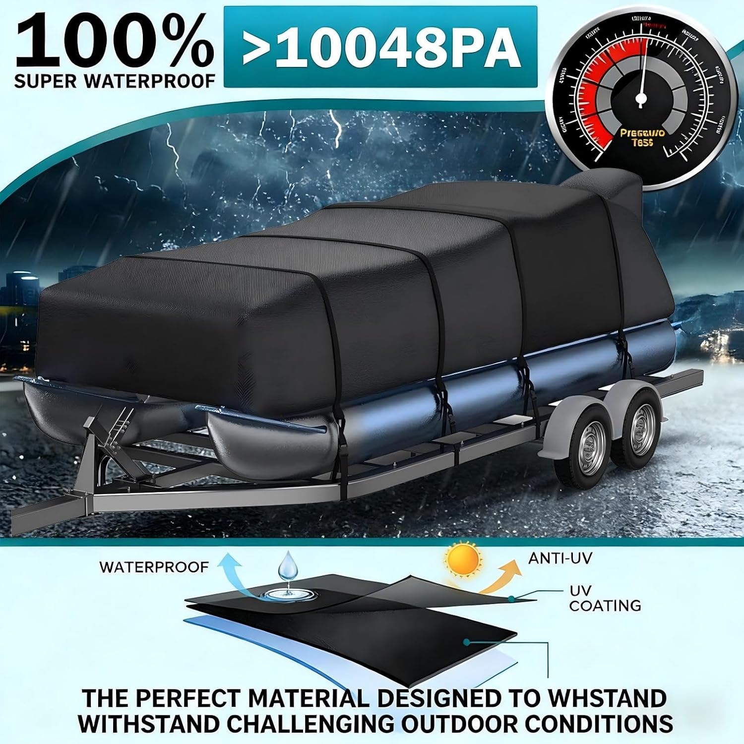 Pontoon Boat Covers 17-20 ft Waterproof PU Coating Marine Grade 420D Waterproof Cover with Adjustable Windproof Tightening Strap & Anti-UV, Boat Length 17-20ft, Beam Width up to 96"