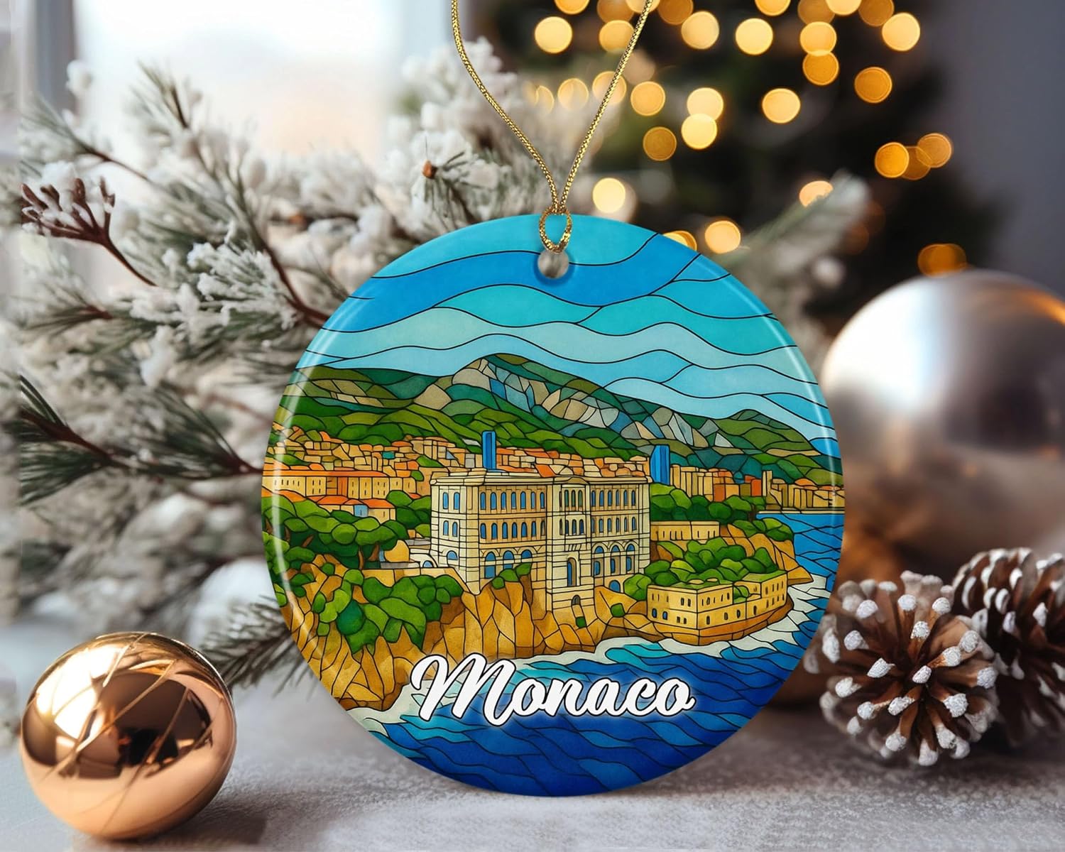 DanielDesign Monaco Christmas Ornament - Travel Monaco Gift - Stained Glass Style Ceramic Keepsake - Travel Gift for Tree Decoration Printed on Both Sides - Image 2