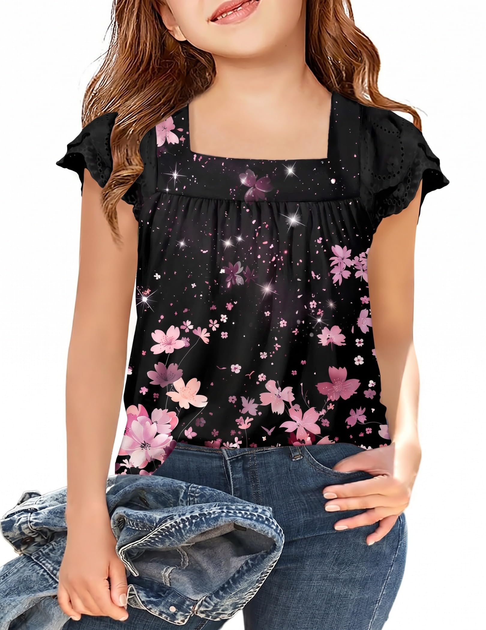 Arshiner Girls Shirts Short Sleeve Square Neck Summer Lace Openwork Tops