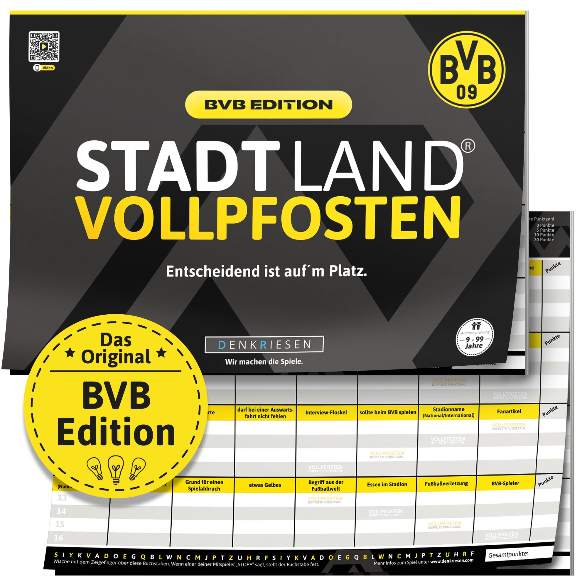 DENKRIESEN A4 Game Pad - Stadt Land VOLLPFOSTEN® BVB Edition - From 9 years - Includes 28 categories, Black, Medium