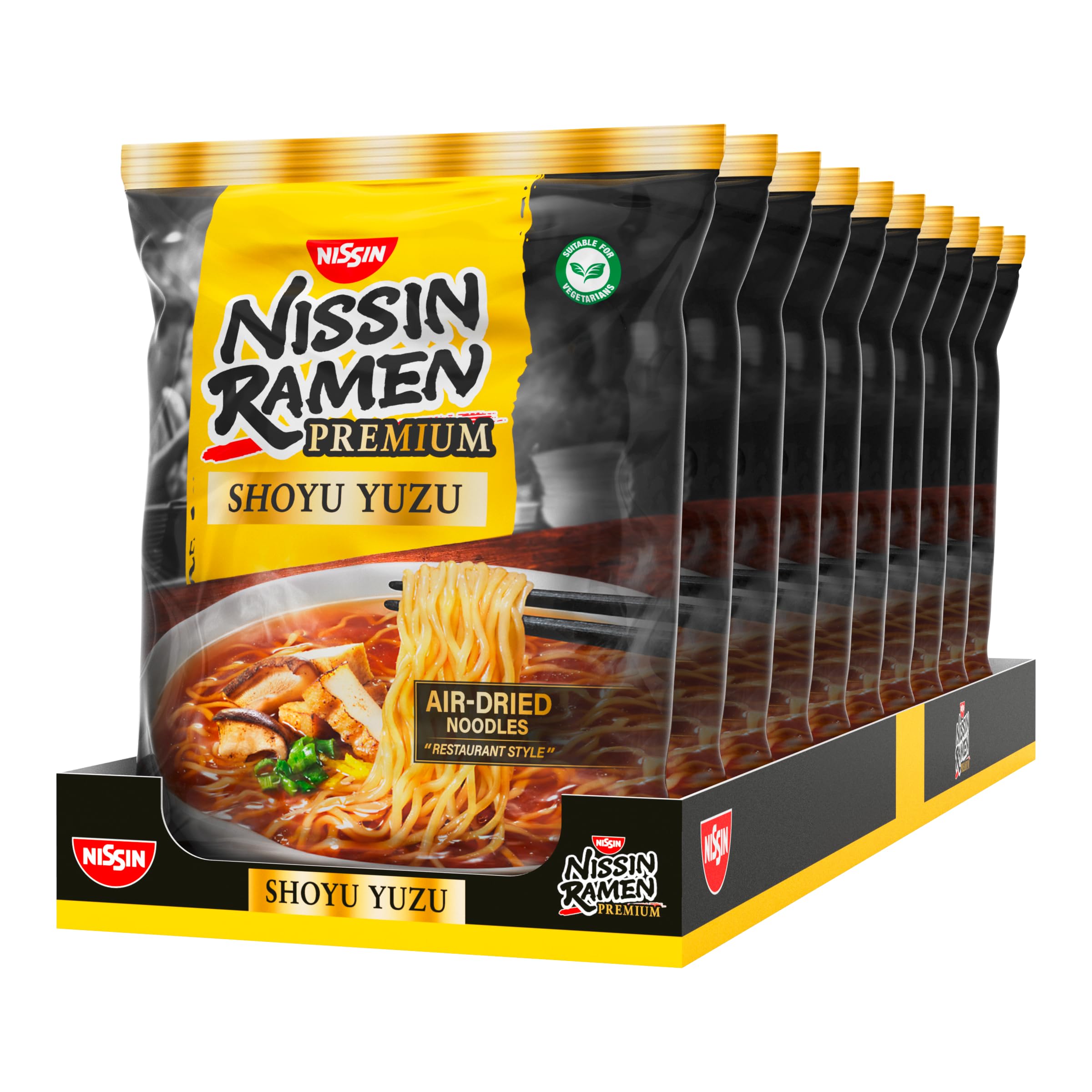 Nissin Ramen Premium - Shoyu Yuzu, 10er Pack, luftgetrocknete Instant-Nudeln japanischer Art für mit Yuzu-Sojasaucen-Geschmack und getrocknetem Lauch (10 x 92,7g)