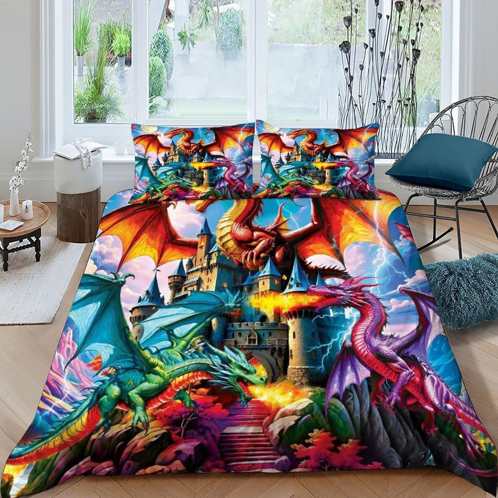 Housse de couette dragon 3 pièces zippée en tissu microfibre pour lit sans plis