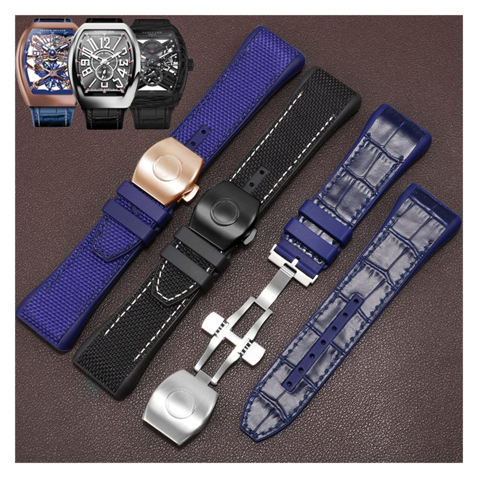 BIK Correa de reloj de silicona de cuero genuino de nailon de 28 mm, correa de reloj con hebilla plegable azul negra para Franck Muller V45 Series correas de reloj (azul-negro)