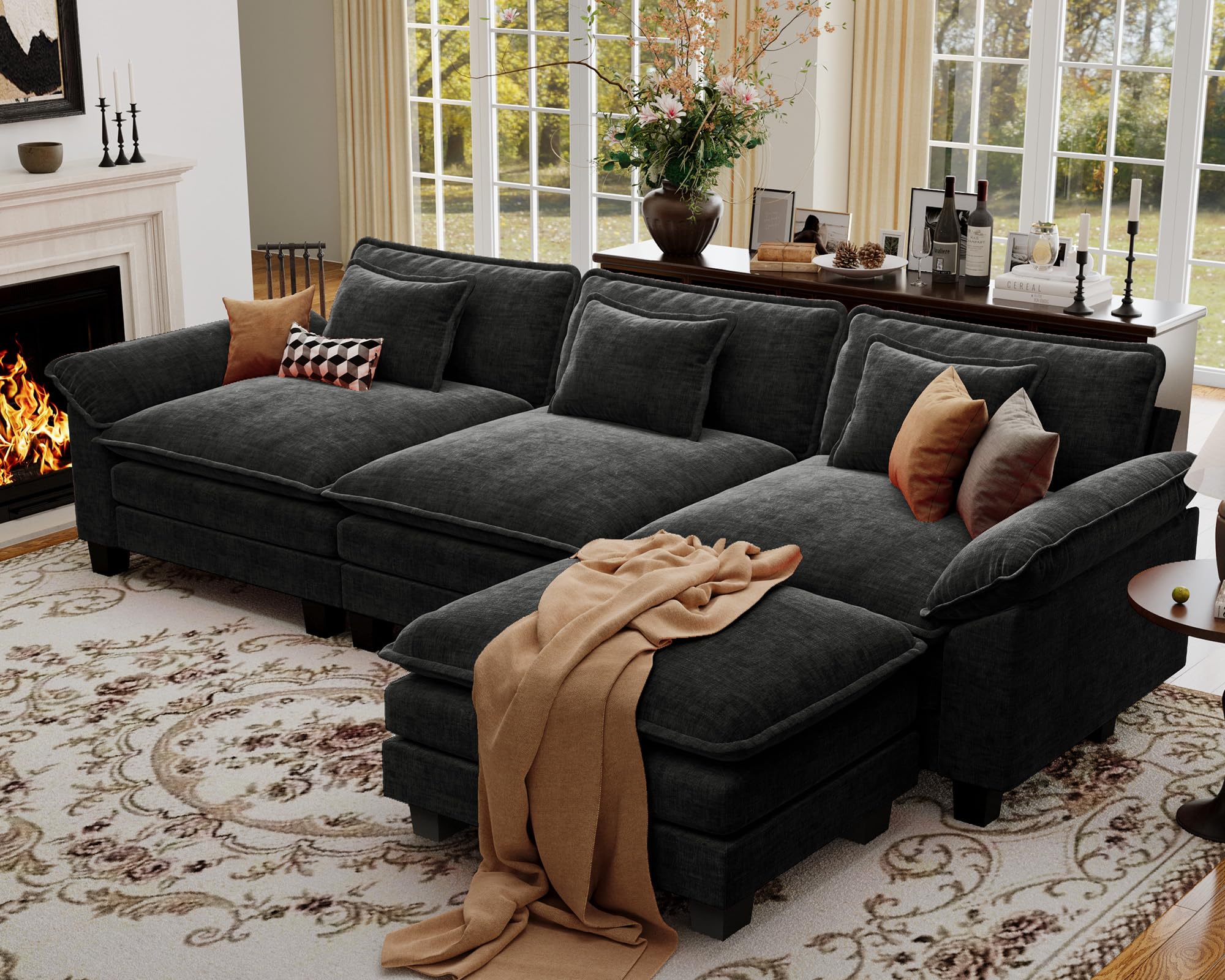 CDCASA 120" Oversized Modular Sectional Sofa, Comfy L-Shaped Cloud Couch w/Movable Ottoman, 4-Seater Chenille Deep Seat Modern Sofa Couch for Living Room, DIY Combination, Black