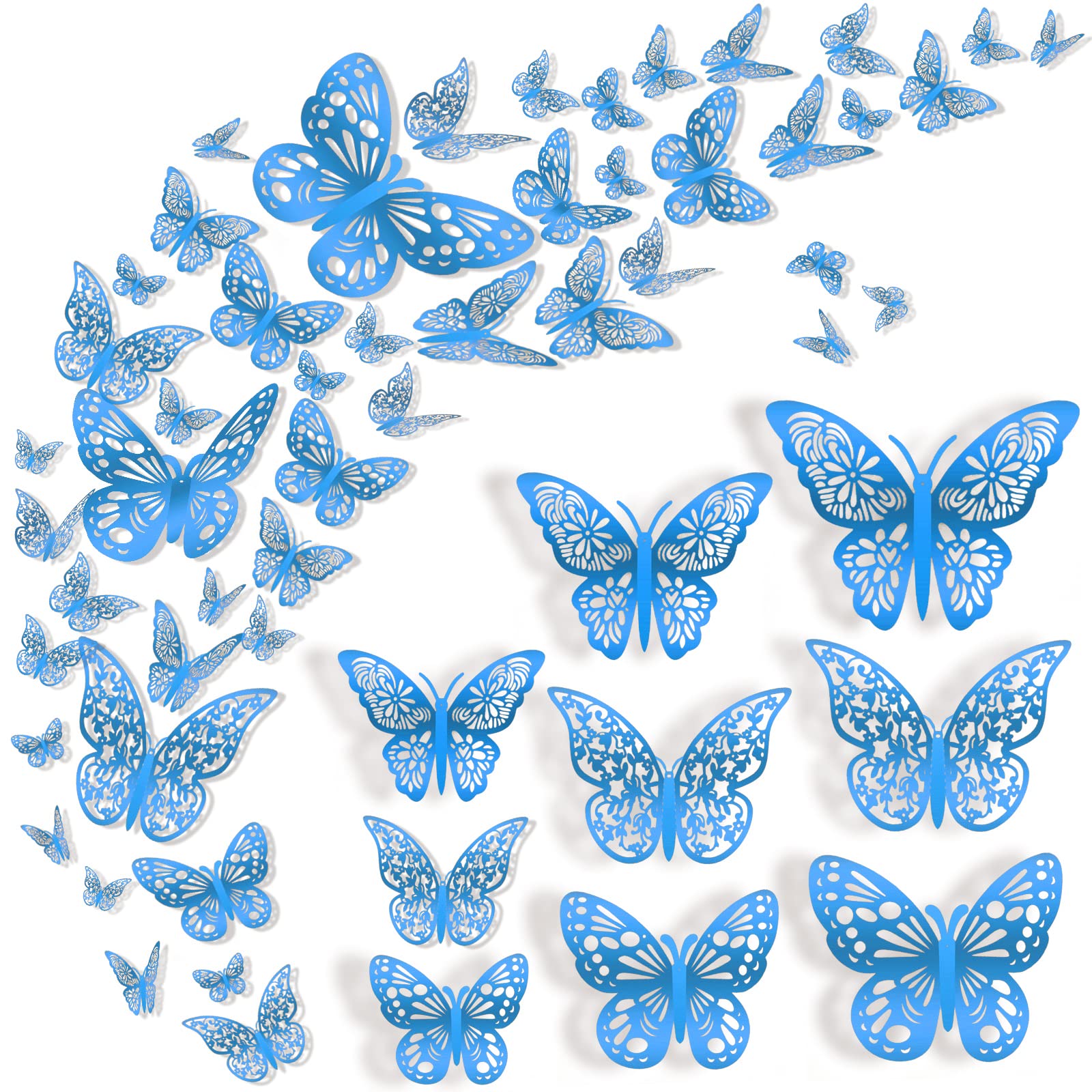72 Pcs 3D Butterfly Wall Decor - 3 Styles, 3 Sizes, Blue, Wedding & Birthday Party Decorations