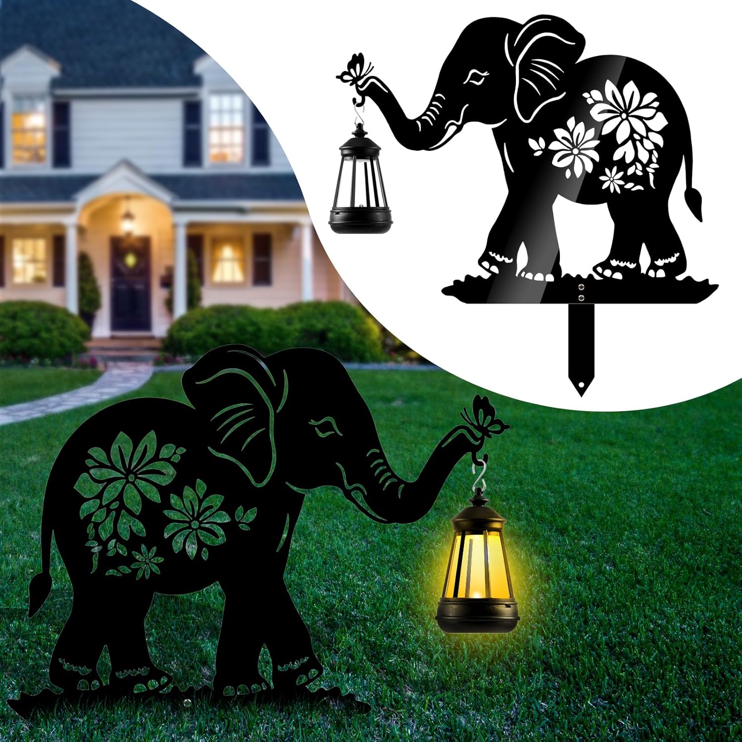 Elephant Solar Garden Stakes, Elephant Silhouette Decorative with Solar Lantern, Metal Garden Decor for Yard,Lawn,Pathway
