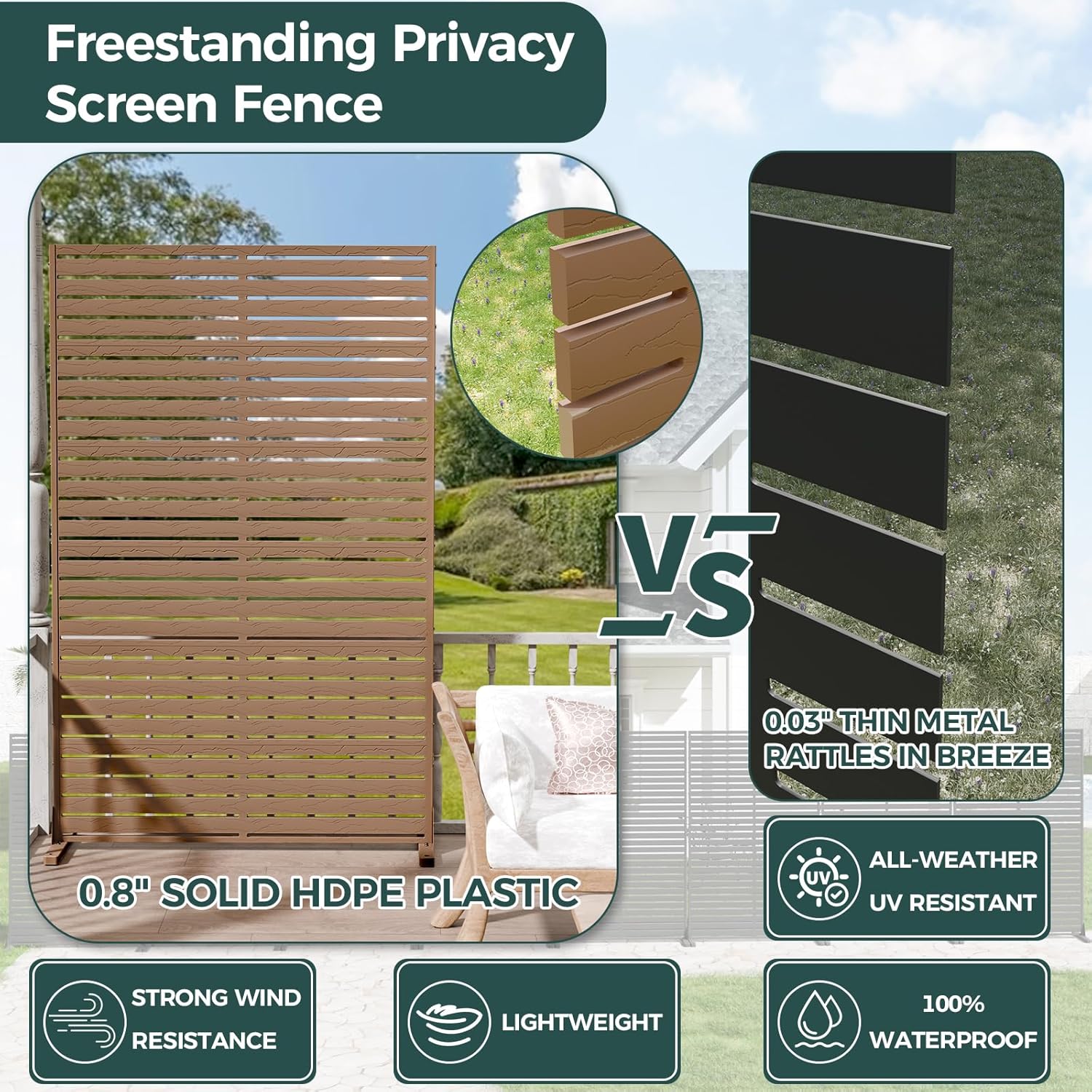 Privacy Screen Outdoor 72" H×47" W Freestanding Privacy Panel with Stand, HDPE Decorative Privacy Fence with Louver Pattern, Patio Divider Screen, Privacy Screens for Outside, Balcony, Brown