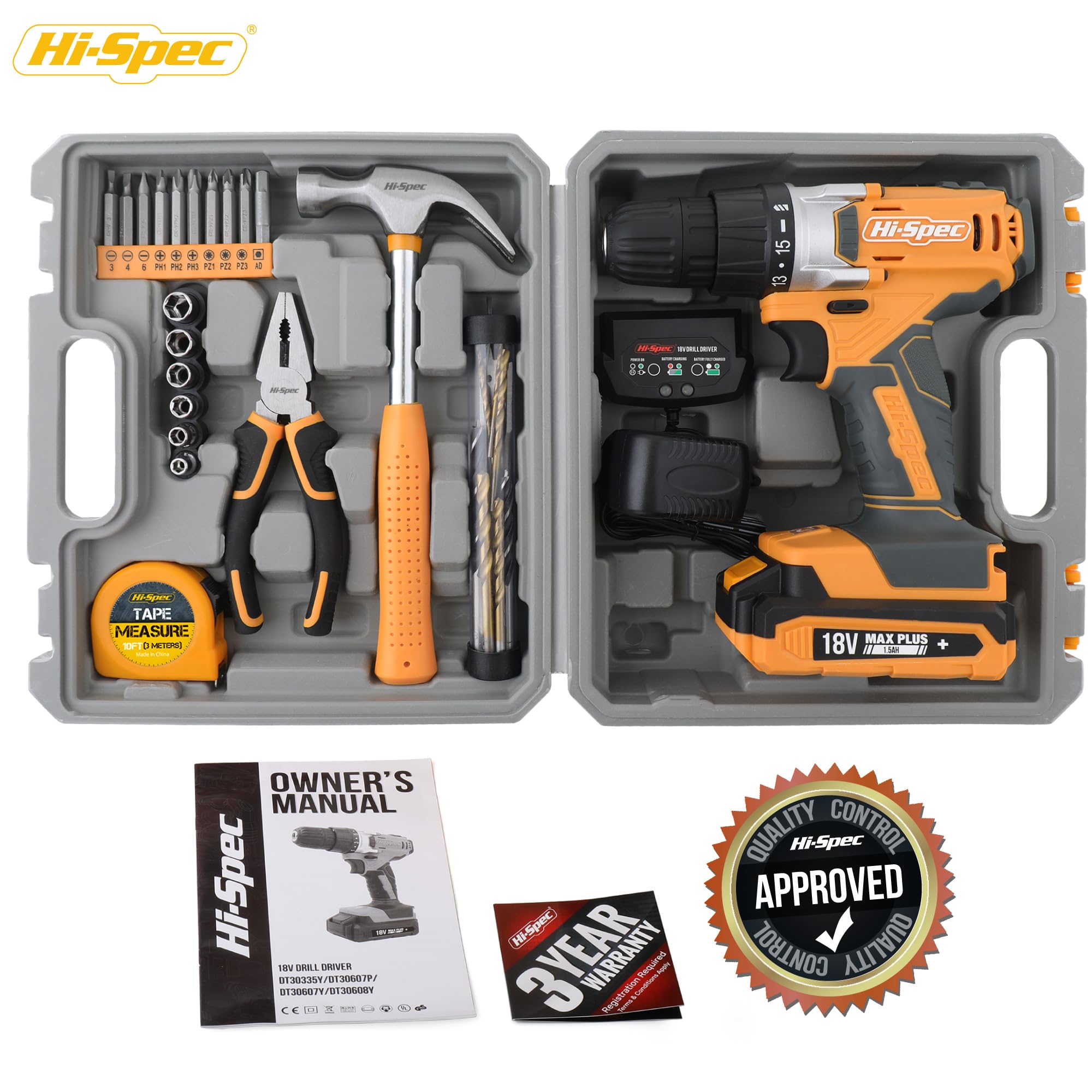 Hi-Spec 30pz Kit compatto Trapano/Avvitatore giallo 18V senza fili per fai-da-te. Trapano e avvitatore elettrico rapido con strumenti manuali e accessori essenziali