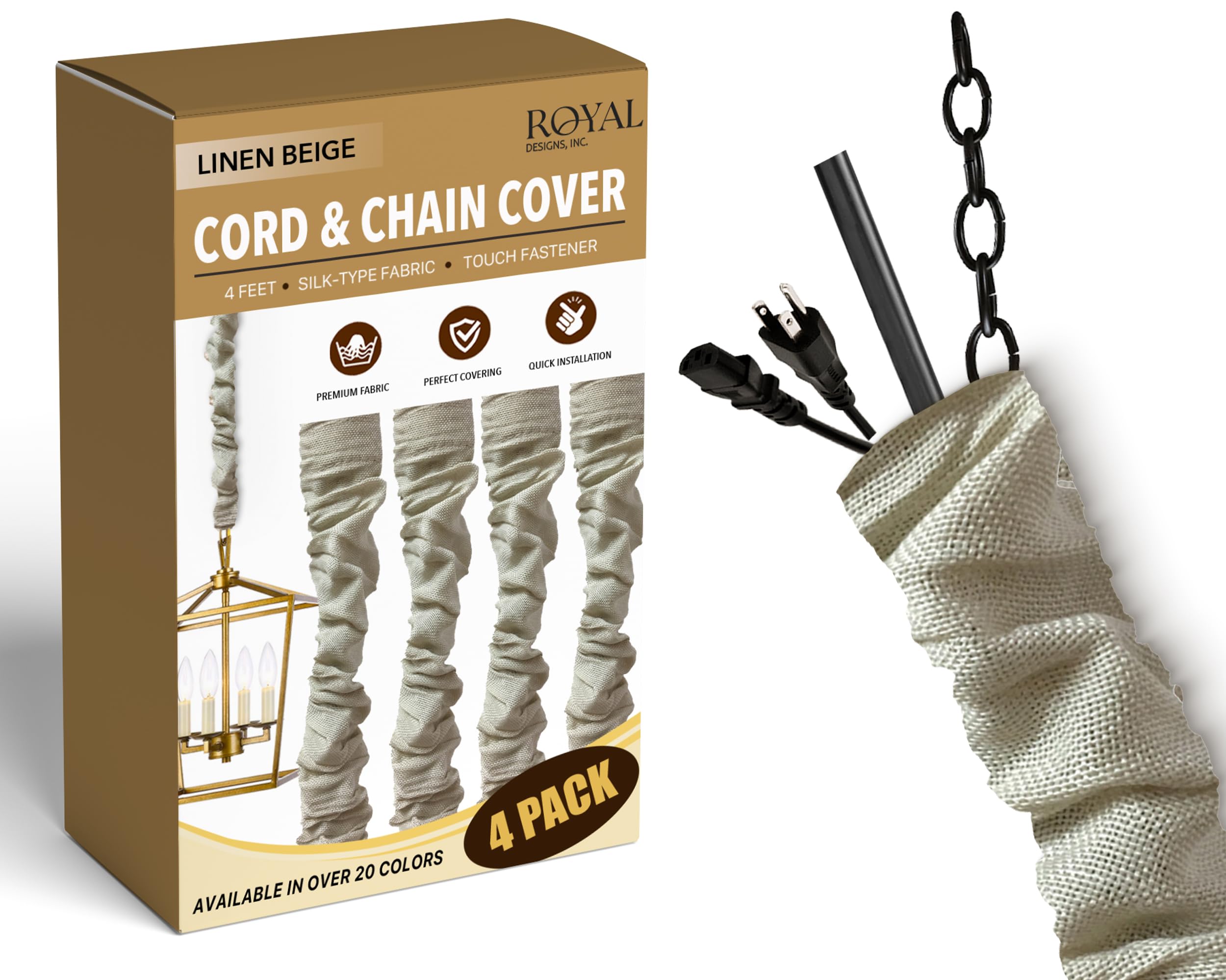 Royal Designs, Inc. Cord &amp; Chain Cover 4 ft Silk Type Fabric, Chandelier Pendant Lighting Chain &amp; Cable Management, Touch Fastener, Linen Beige - 4 Pack
