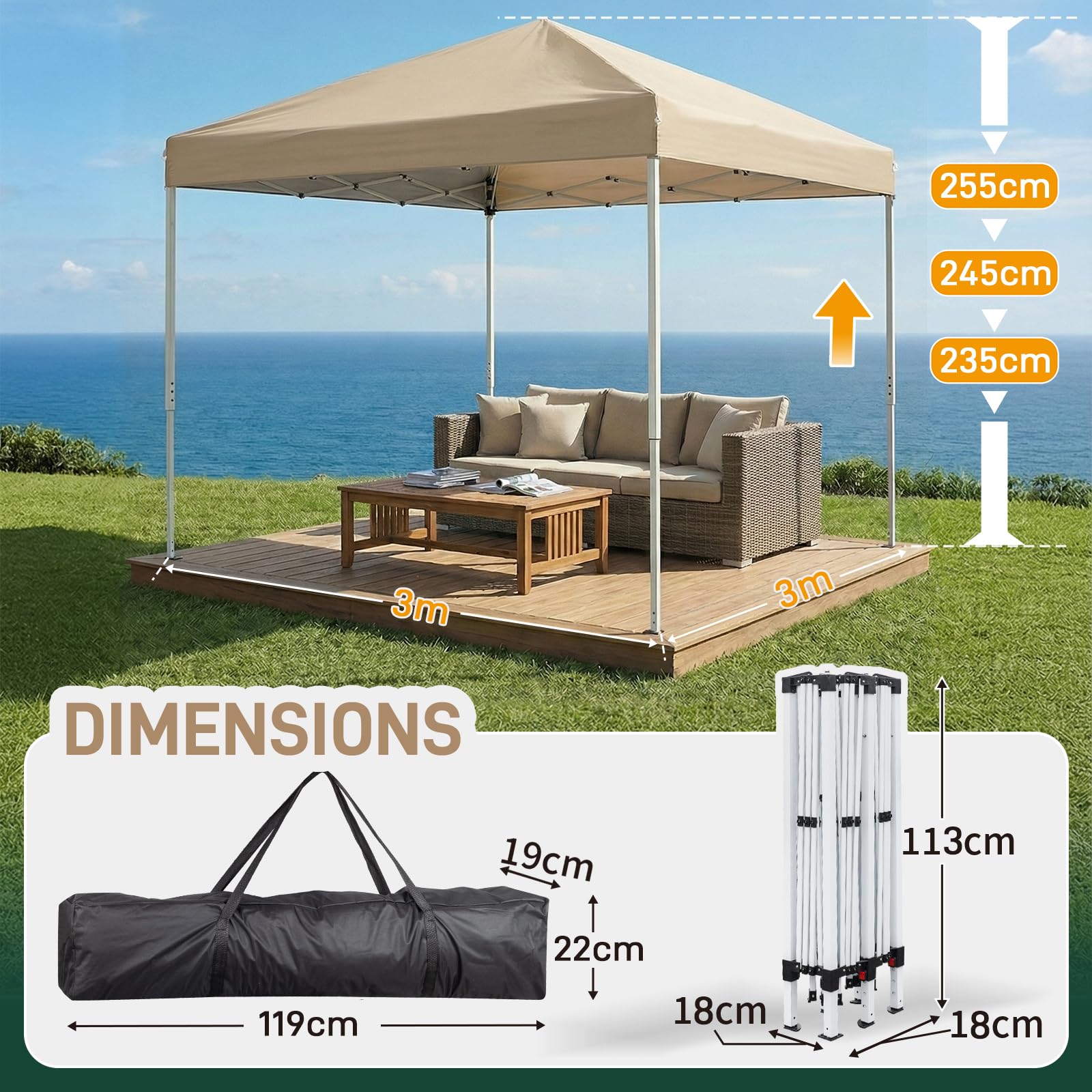 LEADZM Tonnelle Pliable 3x3 m Imperméable Anti-UV 50+, Hauteur Ajustable avec 4 Moustiquaires, Structure Stable, pour Jardin, Terrasse, Camping Et Usage Professionnel,Kaki