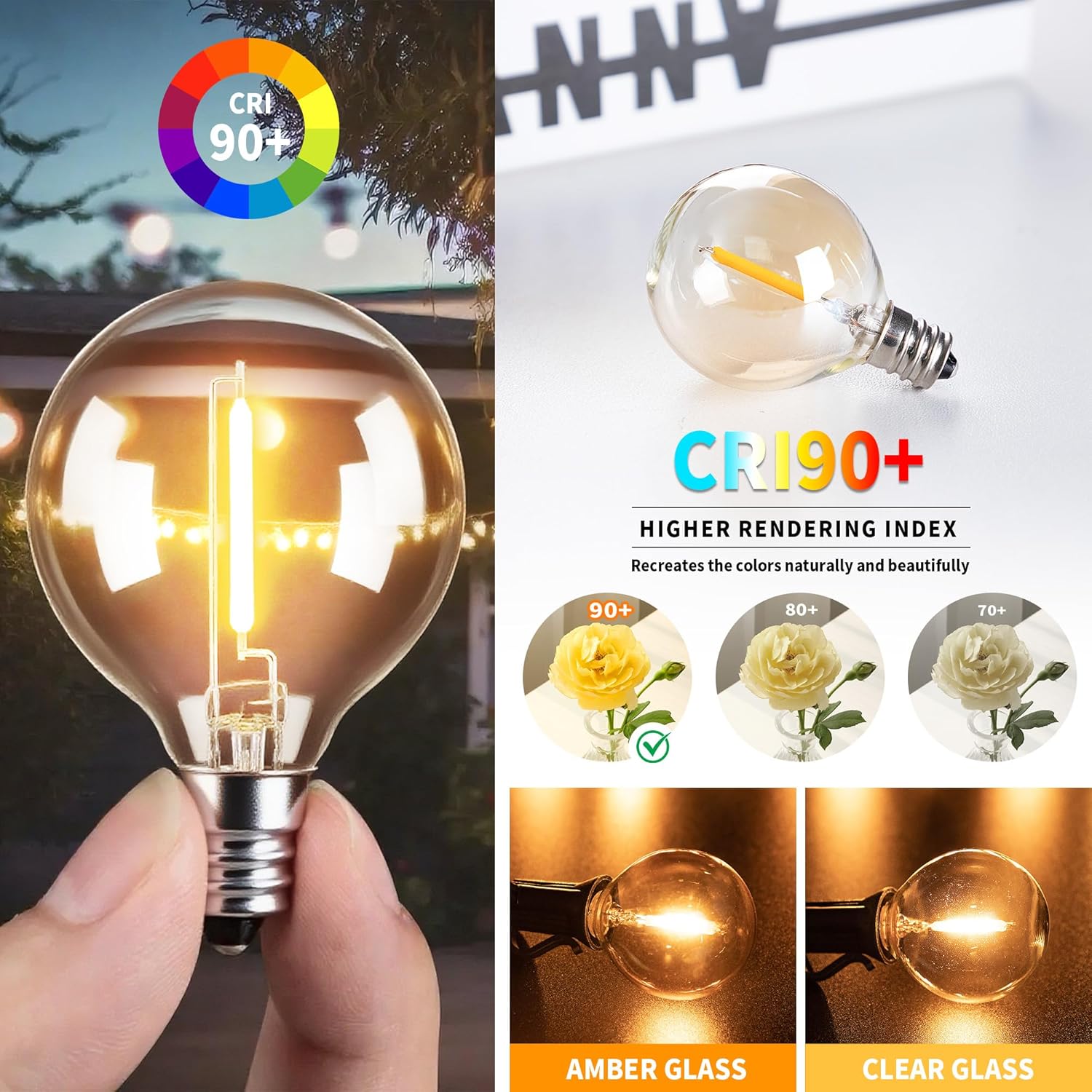 G40 Led Replacement Light Bulbs,Amber Glass E12 Candelabra Light Bulbs, 1W Equivalent 7W 1.5 Inch Small Light Bulbs for Outdoor String Lights, Party Patio Garden Decor,Warm White 2200K, 25Pack