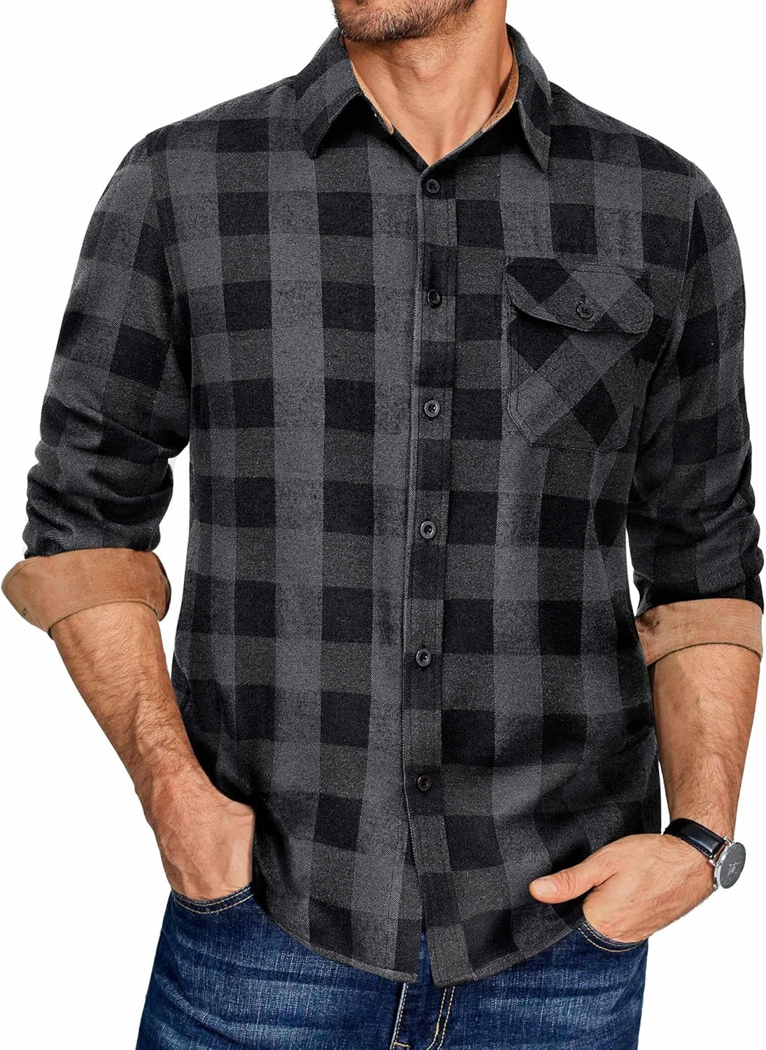 COOFANDY Men's Flannel Long Sleeve Button Down Casual Plaid Shirt With Pocket