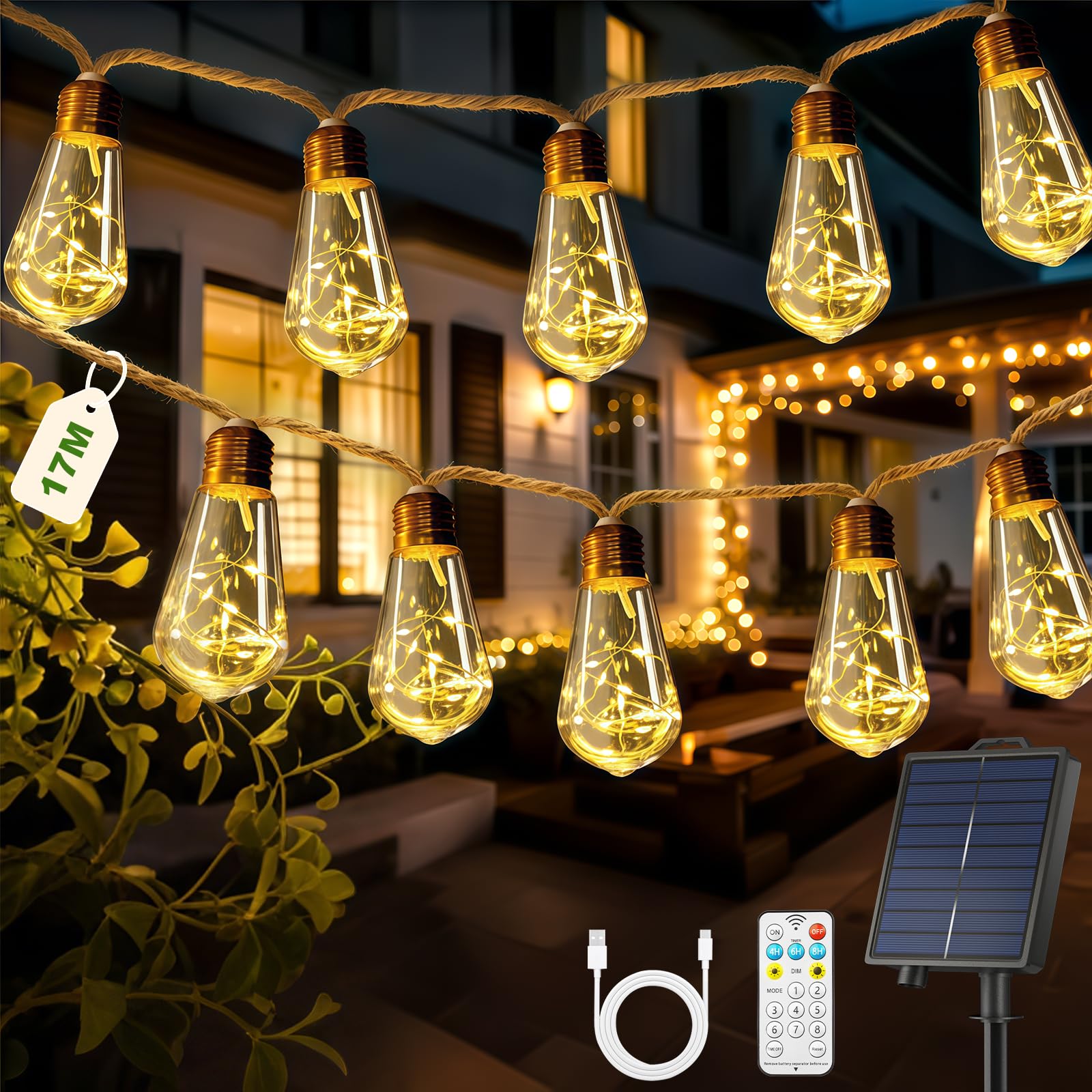 Solar Lichterkette Aussen Mit 30 S17 Glühbirnen, 17M Lichterkette Außen Wetterfest Warmweiß 8 Modi Memory-Funktion Timer Vintage Hanfseil Solarlichterketten für Garten Terasse Balkon Hochzeit Party