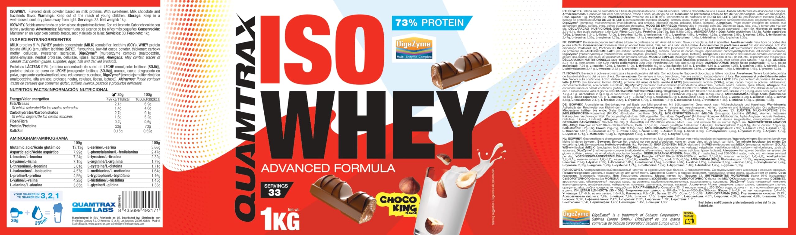 Quamtrax Nutrition - Iso Whey (Proteína de Suero de Leche Aislada) - 1 kg - Sabor Choco King - Alto contenido proteico, rápida absorción y bajo en grasas