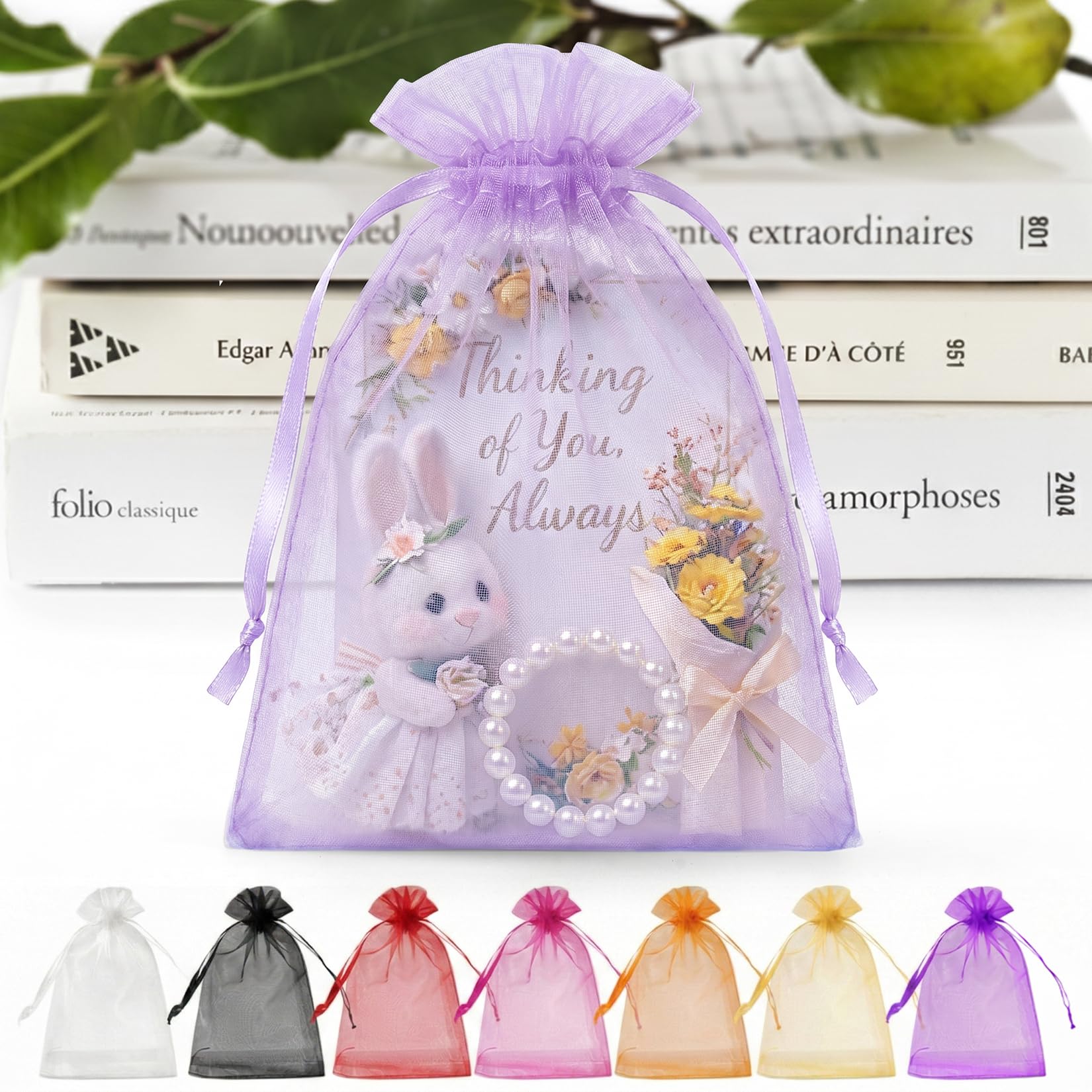 ANZNKU 100 PCS Organza Bags 5 x 7, Lavender Small Mesh Gift Bag Drawstring