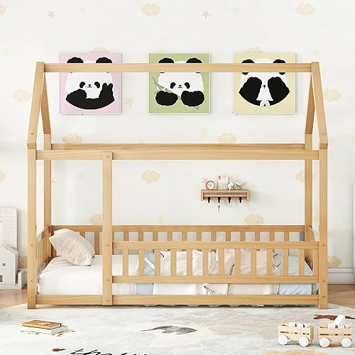Miniatura 59 de Bellemave Cama Montessori de madera con valla y techo para niños, marco de cama individual para niños, niñas (individual, blanco)