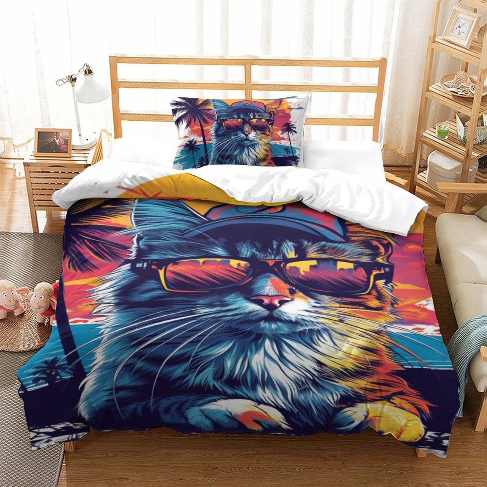 Parure de lit chat 3D en microfibre 135x200 cm avec housse de couette et taie