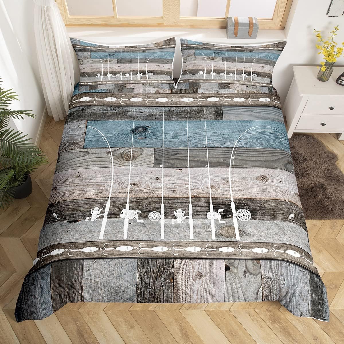 Go Fishing Bedding Set Fishing Line Fish Comforter Cover Fishing Gifts for Men,Watercolor Rustic Wooden Plank Duvet Cover Fishings Rods Bed Sets Full,Fish Fancier Room Decor Dad Gift for Fat