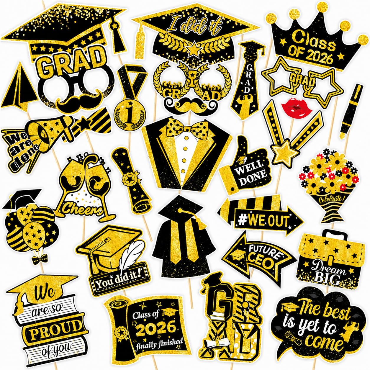 Czdtq 30 Pcs Graduation Photo Booth Props, Photo Booth Frame, Funny Graduation Party Selfie Props, Large Graduation Decoration Photoes Prop Class Of 2026 For High School And College Graduations