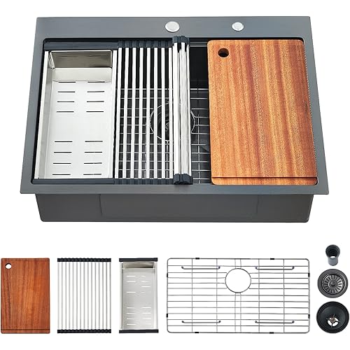 Kitchen Sink, 25 x 22 Inch Drop in Kitchen Sink Gunmetal Black Stainless Steel Workstation Sink Topmount Kitchen Sink Single Bowl with Cutting Board