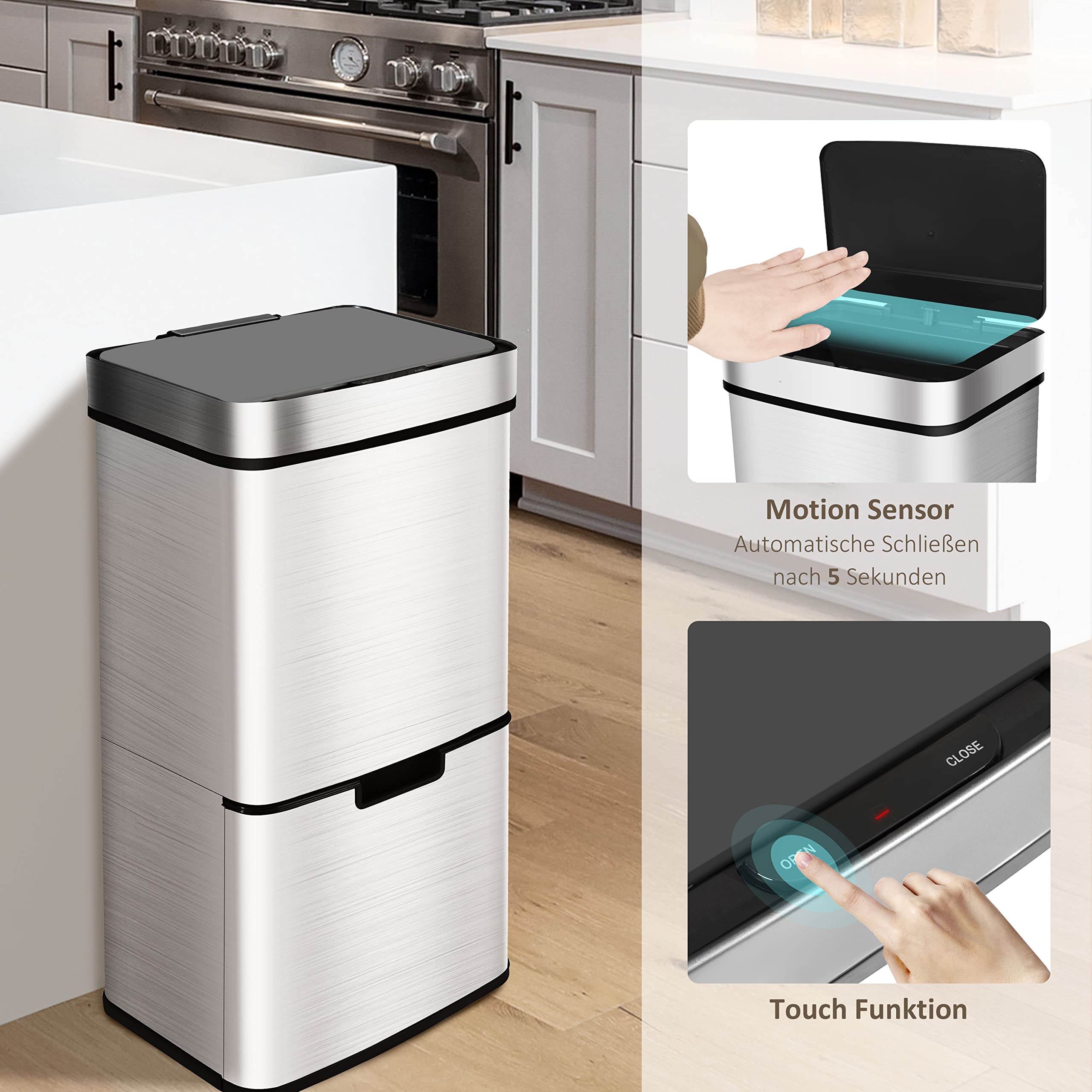 Ribelli Edelstahl - Mülltrennsysteme mit 3+1 Fächer - Mülleimer mit Sensor - 72 Liter (2x12 + 1x48 L) - Design Treteimer aus Edelstahl - Silber