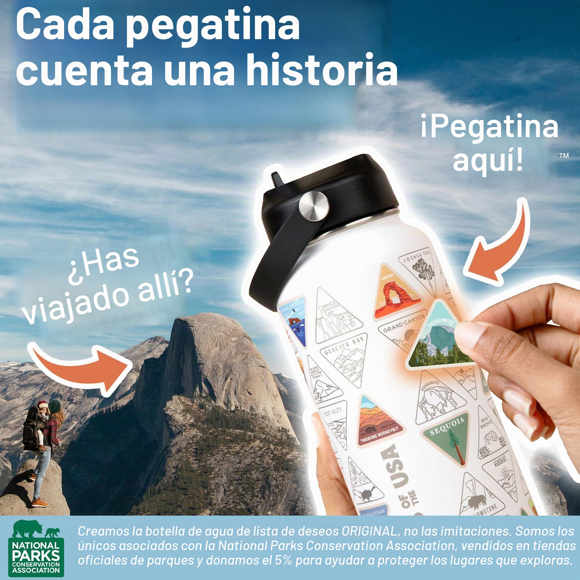 Wondery USA National Parks Botella de agua con 63 calcomanías impermeables de parques (EE.UU.), botella de agua de acero inoxidable de 32 onzas para viajes, senderismo, camping, regalos de parque