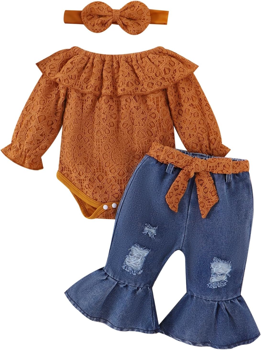 Baby Girl Clothes Lace Off Shoulder Romper Flare Jeans Pants Headband and Belt 4pcs Outfit 3-24 Months