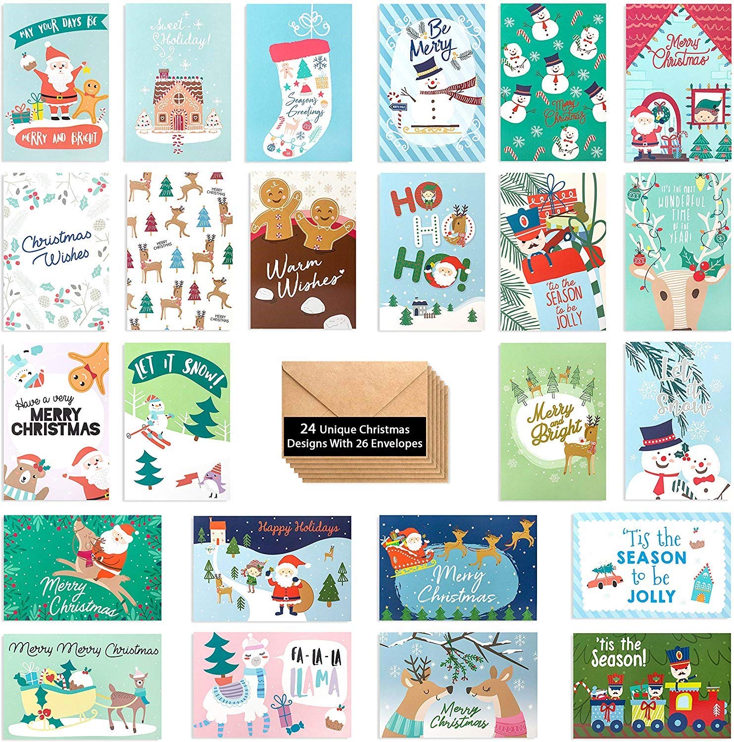Buy 24 Cute Christmas Cards Assorted - Joyful Christmas Greeting Cards in 24 Unique Designs