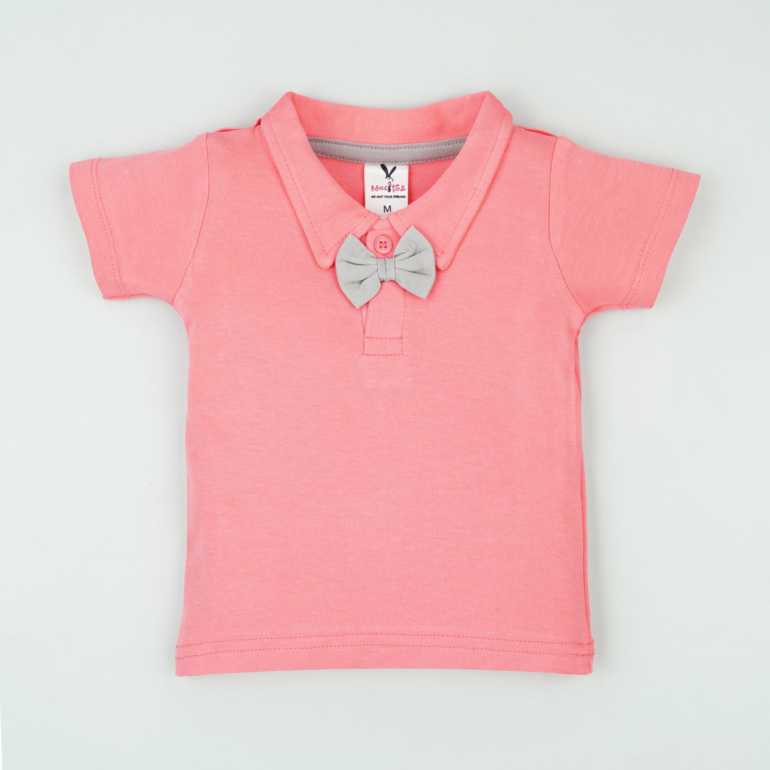 Macitoz Stylish Dungaree for Baby Boys | Half Sleeves & Knee Length with Bow | Suitable as Casual & Party Wears Baby dress (Salmon Rose, S) 2