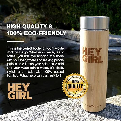 Miniatura 5 de Hey Girl - Botella infusor de té de bambú con colador de té, botella de agua aislada de acero inoxidable para té y café de hojas sueltas, vaso de té