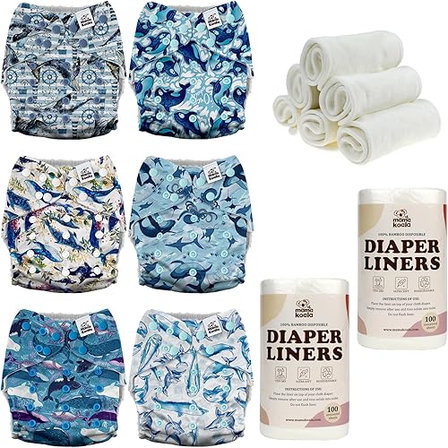 Mama Koala Pañales de tela para bebés 3.0 con paquete de 6 inserciones, con 2 rollos de revestimientos naturales desechables
