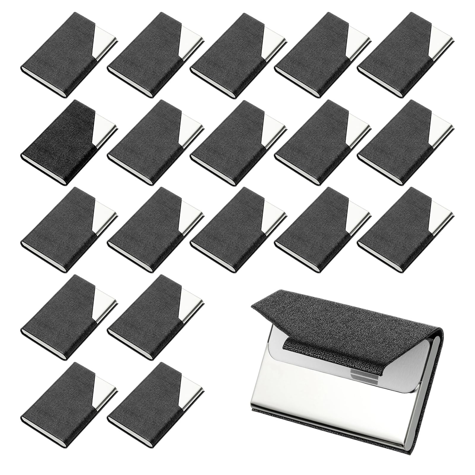 PATIKIL PU Leather Business Card Holder, 20Pcs Stainless Steel Name Card Case with Magnetic Wallet Pocket Carrier for ID Card Men Women, Black