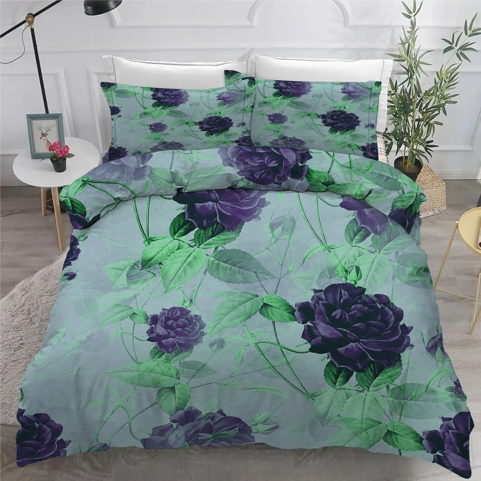 Bsyyzqc Purple Duvet Cover King Set, Soft Breathable And Brushed Microfibre Bedding Set, Flowers Reversible Quilt Cover Set With Zipper Closure And Ties With 2 Pillowcases