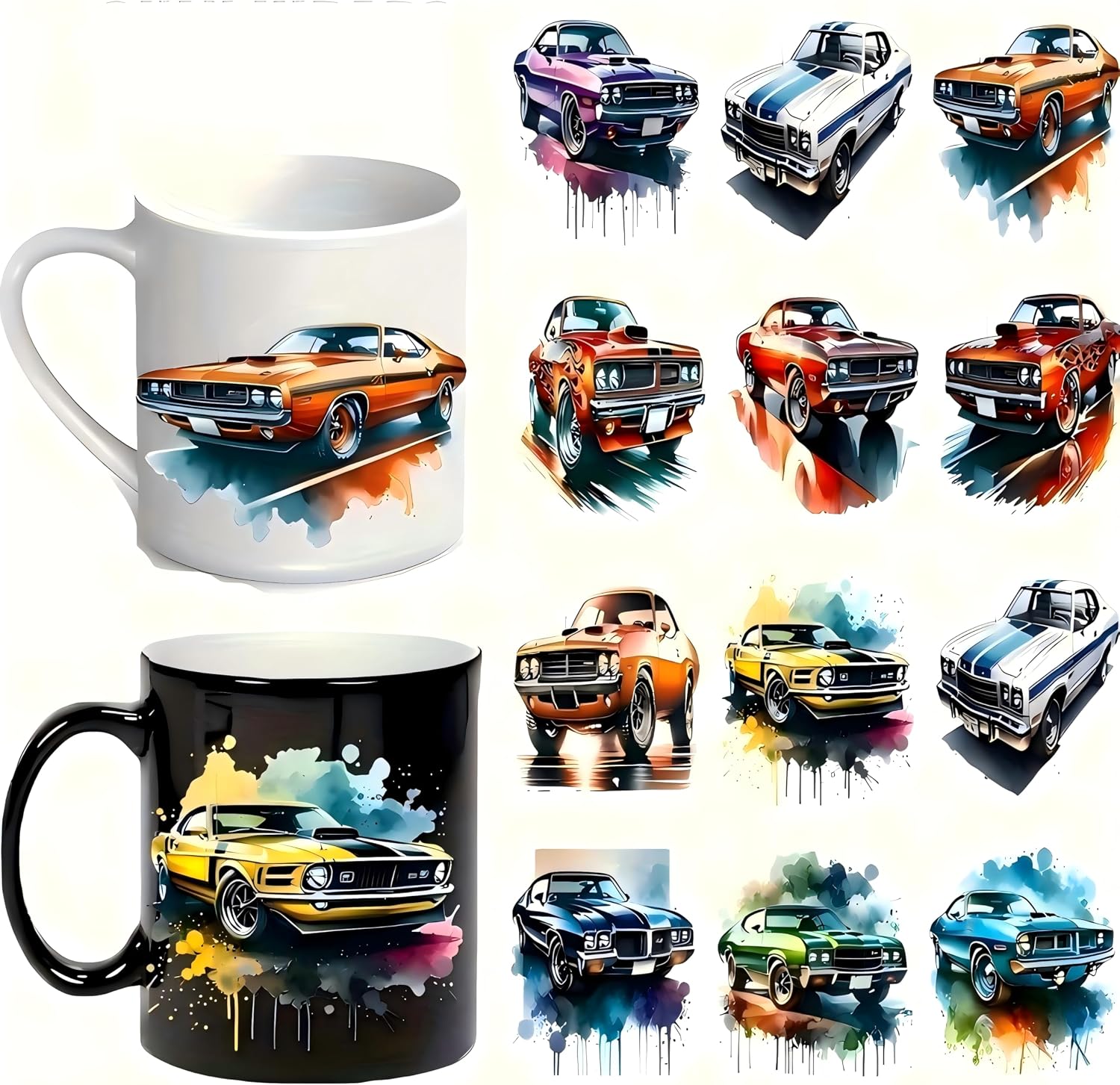 12Pcs American Classic Car UV DTF Cup Wraps, Self-Adhesive Vintage Car UV DTF Transfer Stickers, Retro Car Decals for Tumblers, Mugs, Bottles & DIY Crafts