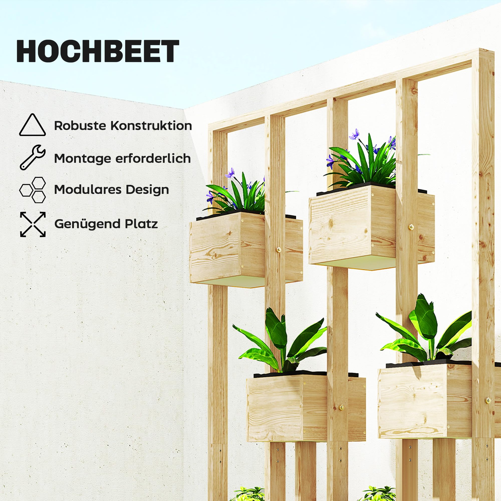 Outsunny Hochbeet mit Rankgitter Körbe Holz 90 x 45 x 170 cm Naturholz | Pflanzkübel, Pflanzkasten, Blumenkasten, für Garten Balkon Terrasse, Blumenkübel für Kletterpflanzen Korbpflanzen, Blumen