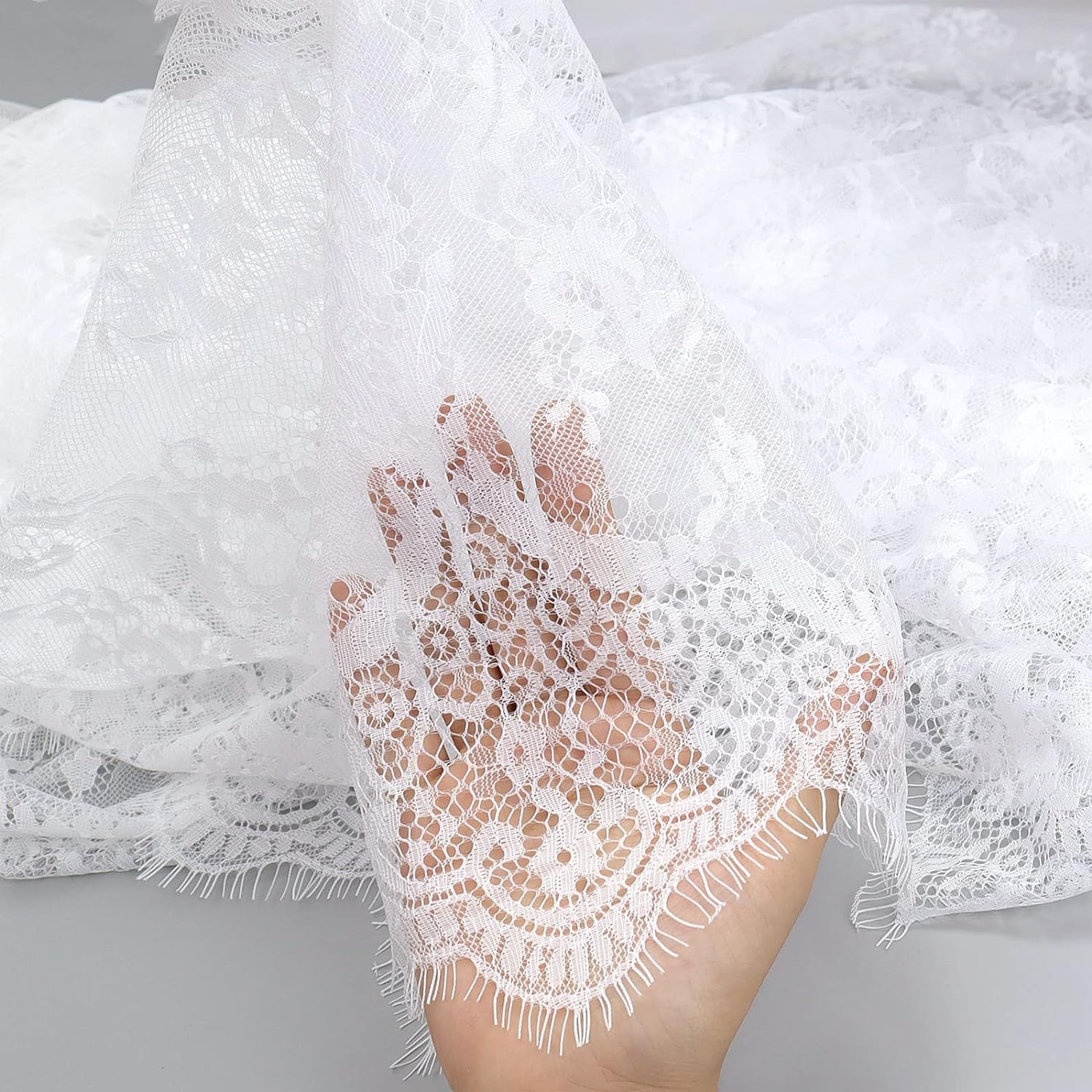 IDONGCAI White Chantilly Lace Fabric | 3 Yards, 60 Inch Wide, Eyelash Trim