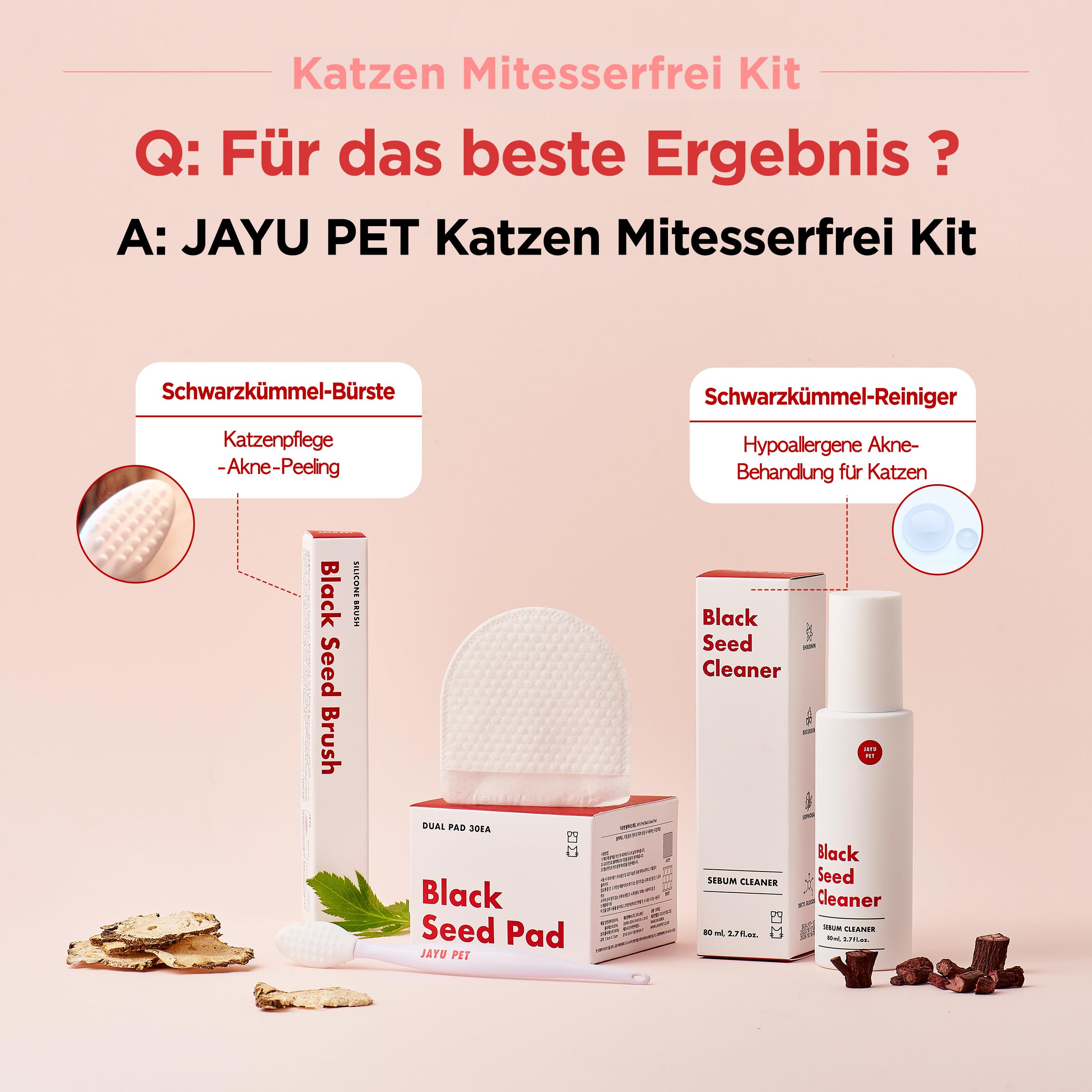 JAYU PET Katzen Mitesserfrei Kit – Mitesser-Entferner & Kinnakne Behandlung für Katzen, Schwarzkümmel Reiniger mit Silikon Peeling Bürste, hypoallergen, sanfte Katzenpflege für klare Haut