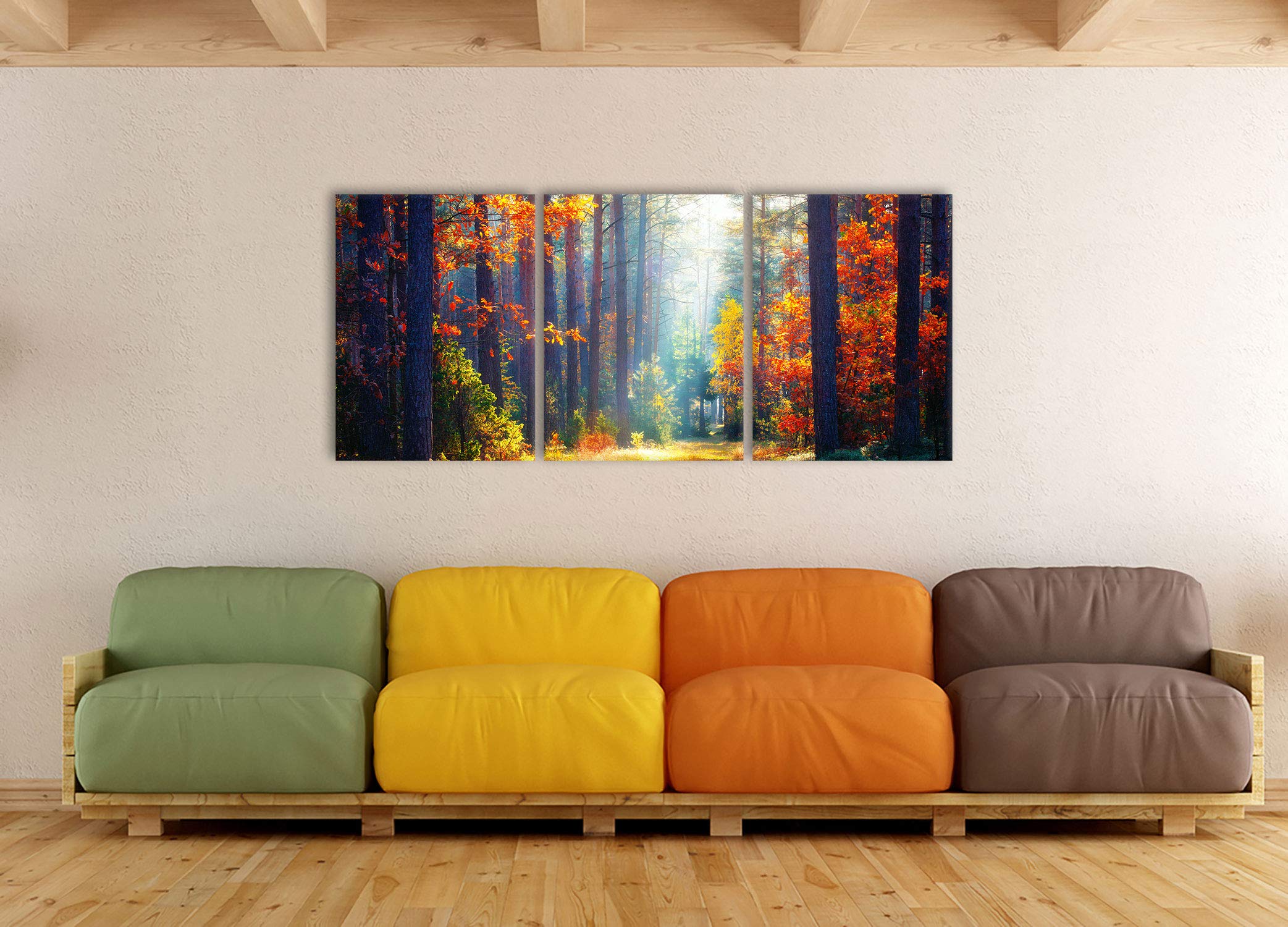 Pixxprint Sonnige Lichtung im Herbstwald, XXL Leinwandbild in Übergröße 180x80m Gesamtmaß 3 teilig, Wandbild, Kunstdruck