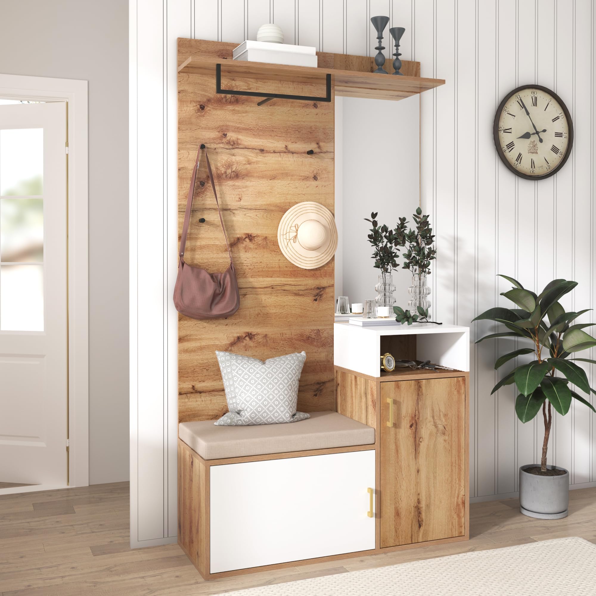 LAKFEW Juego de Perchero con Espejo, Perchero Zapatero con 4 Ganchos y 2 Puertas, Conjunto de Percheros Mueble Recibidor Entrada con Estante de Almacenamiento, 105x40x190.5 cm, Color Madera+Blanco